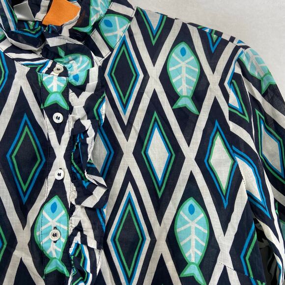 Tory Burch Womens Fish Blue Print Blouse Top Size 8 Cotton - Picture 7 of 7